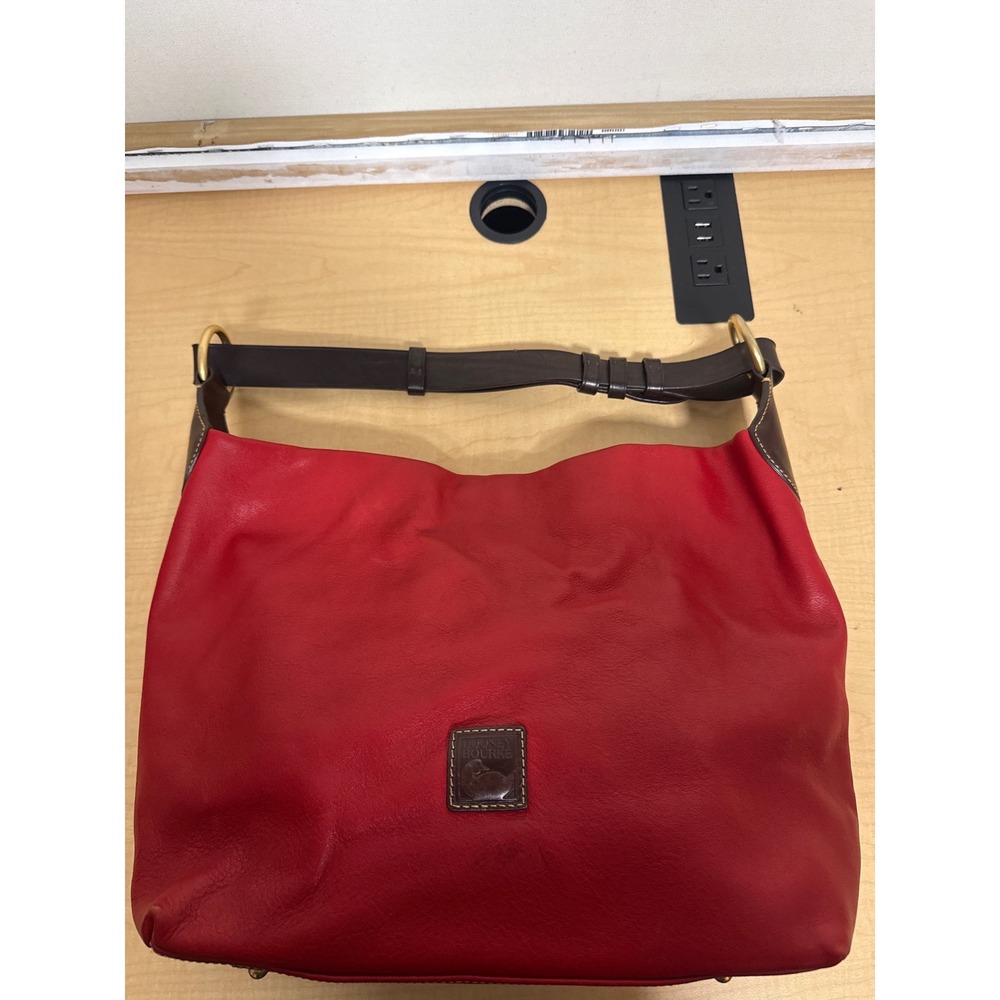 Dooney & Bourke Red Leather Hobo Shoulder Bag Brown Trim Gold Hardware